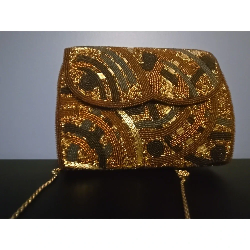 Beaded Evening Bag with Touches of Black Gold and Brown Manetic Closure Japan‎